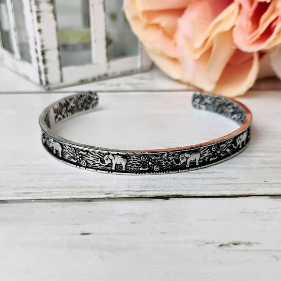 New Elephant Silver Tone Cuff Bracelet Funky, Eclectic, Boho, Chic, Safari - Picture 3 of 4